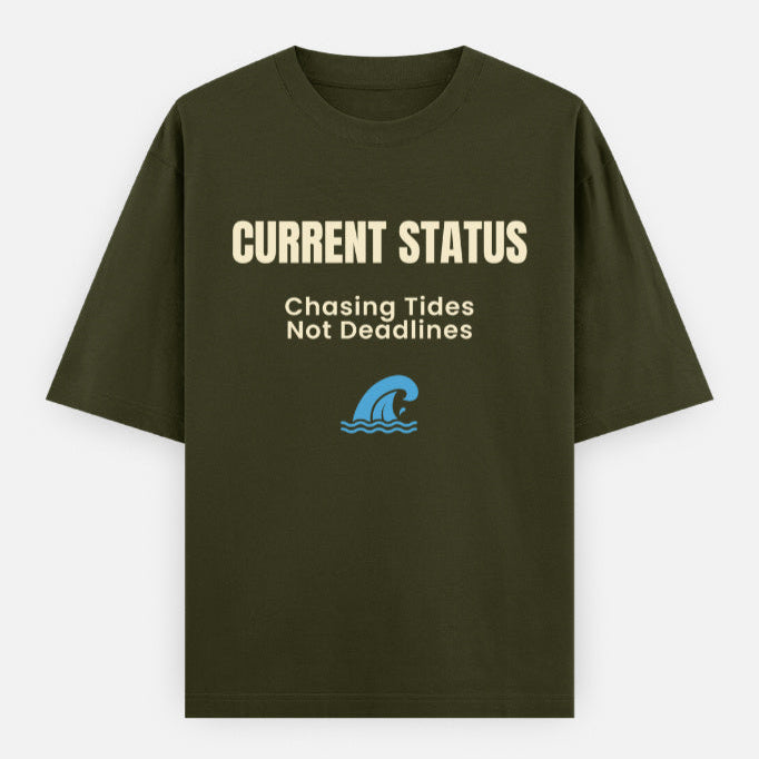 AttireBae Current status: chasing tides, not deadlines olive green oversized attitude tee India