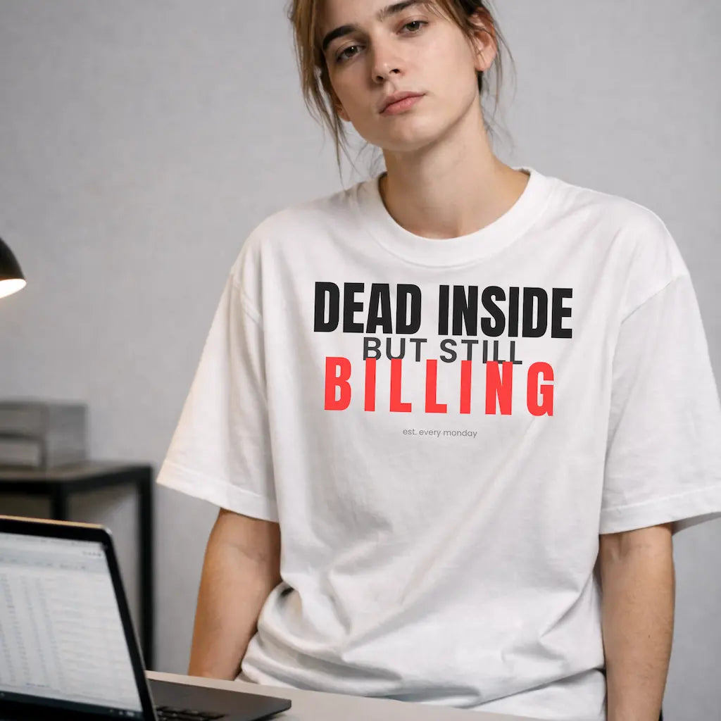 AttireBae Dead Inside But Still Billing white oversized office humour tee female model India
