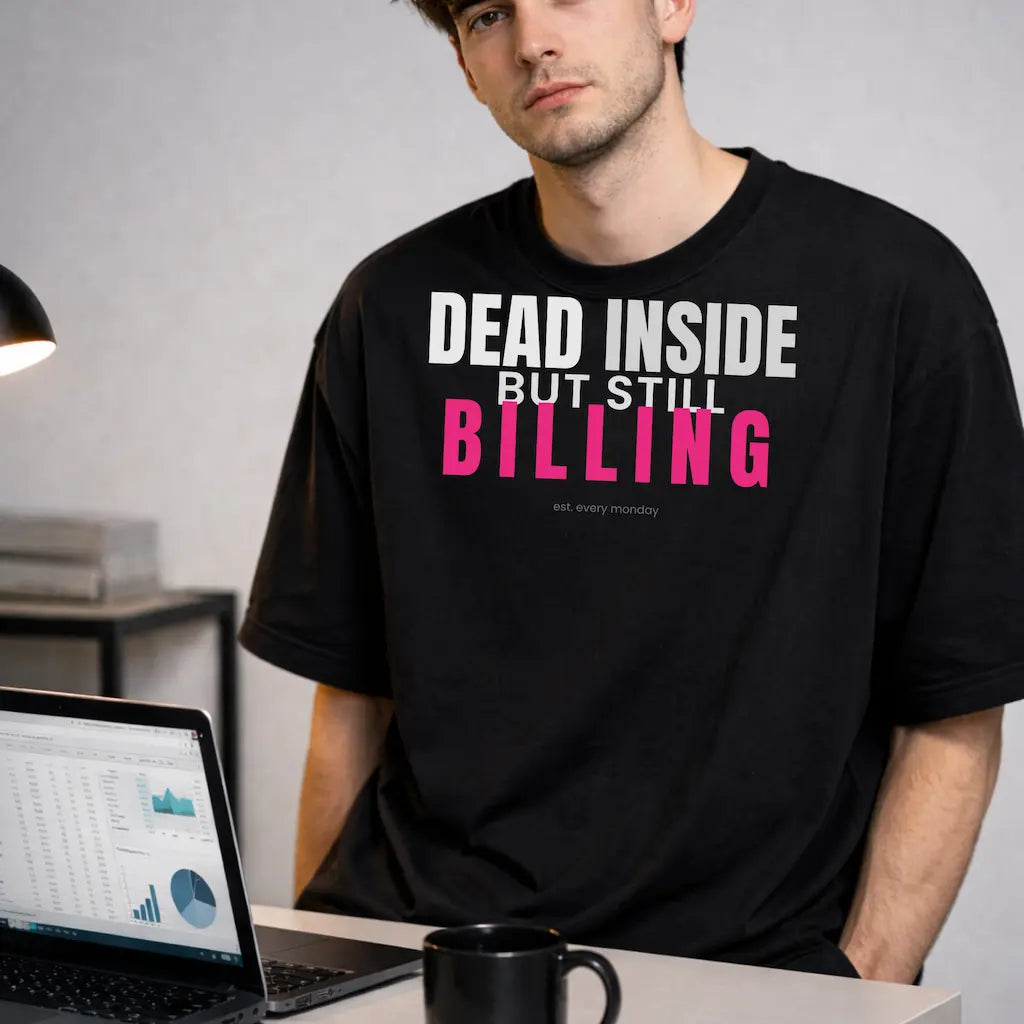 AttireBae Dead Inside But Still Billing black oversized office humour tee male model India