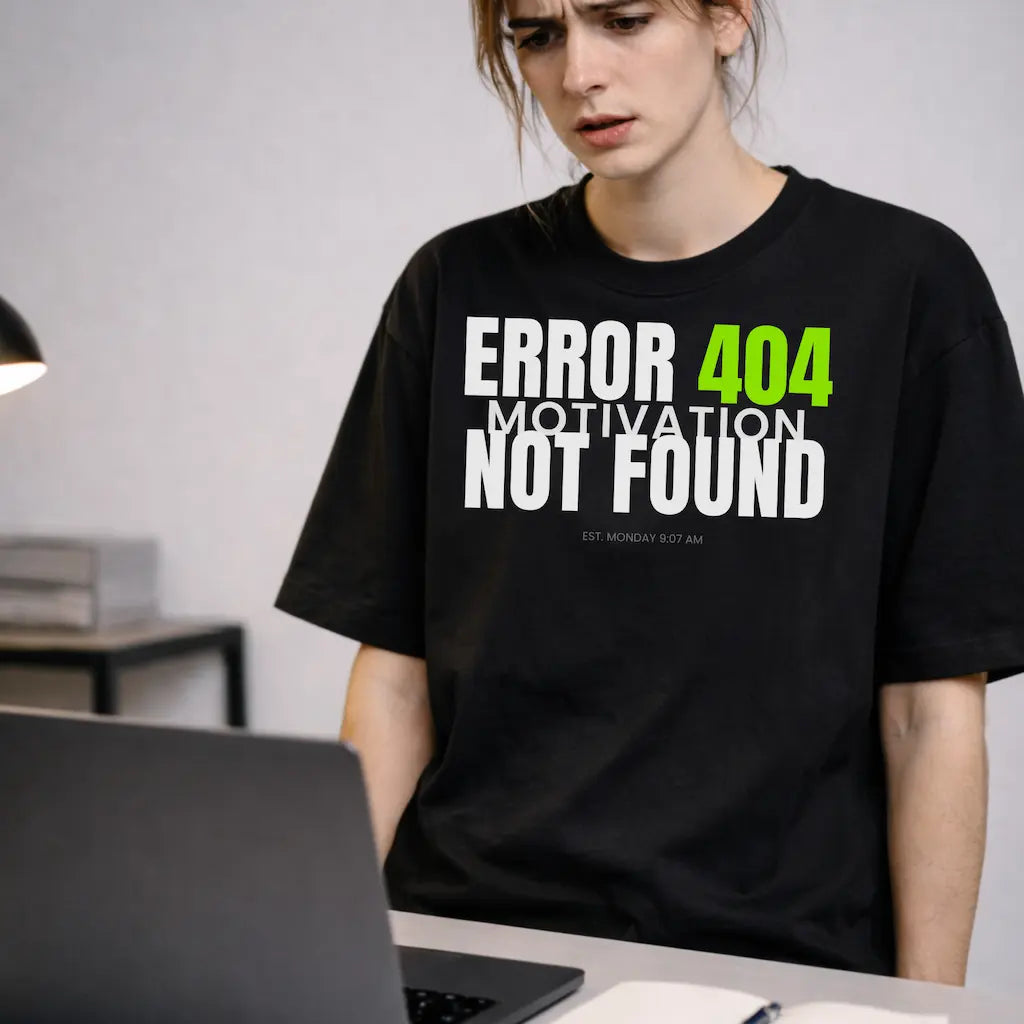 AttireBae Error 404 Motivation Not Found black oversized graphic tee female model India
