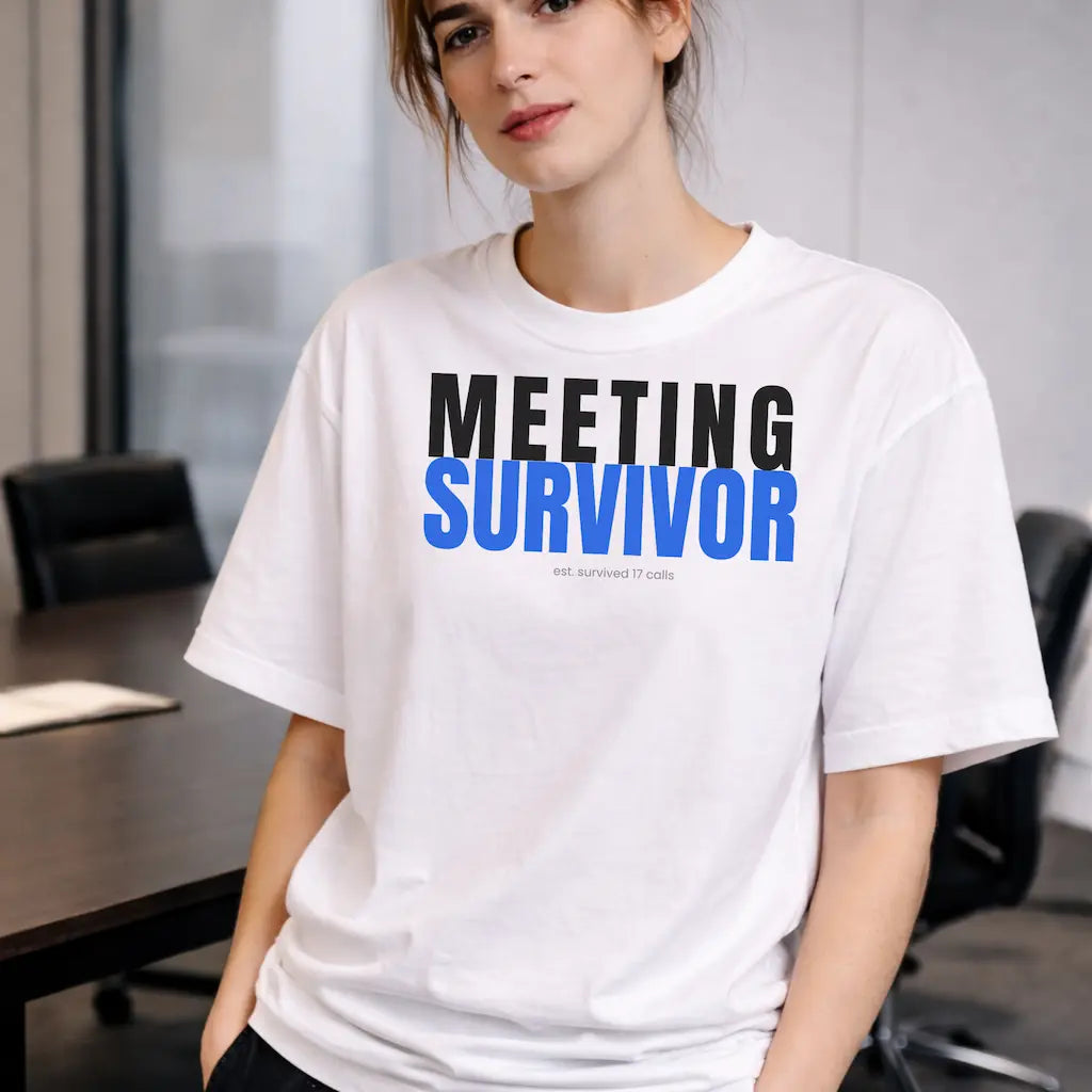 AttireBae Meeting Survivor white oversized office humour graphic tee female model India