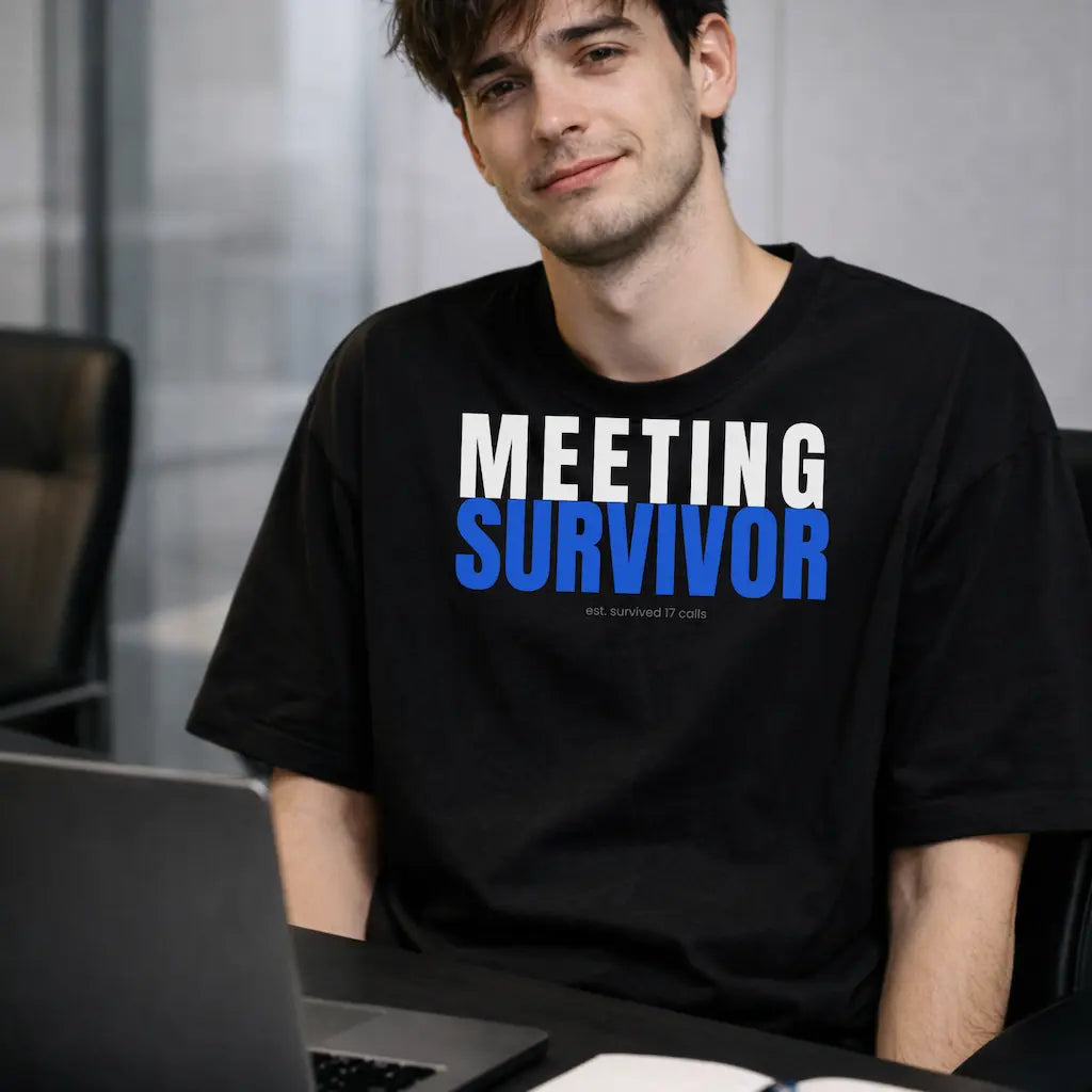AttireBae Meeting Survivor black oversized office humour graphic tee male model India