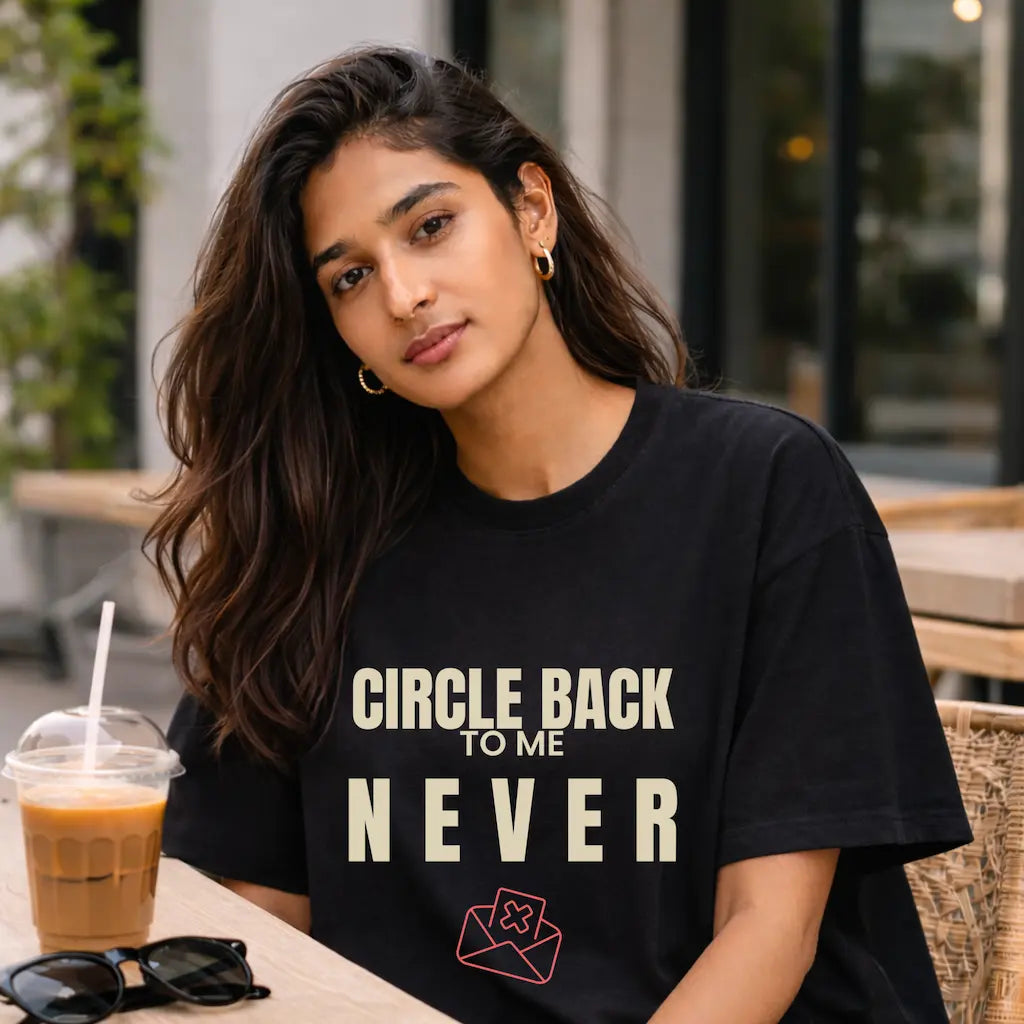 AttireBae Circle Back To Me Never black oversized slogan tee female model India