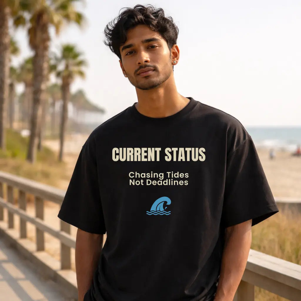AttireBae Current status: chasing tides, not deadlines black oversized attitude tee male model India