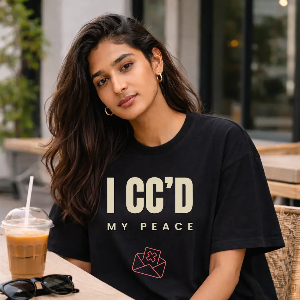 AttireBae I CCd My Peace black oversized attitude tee female model India