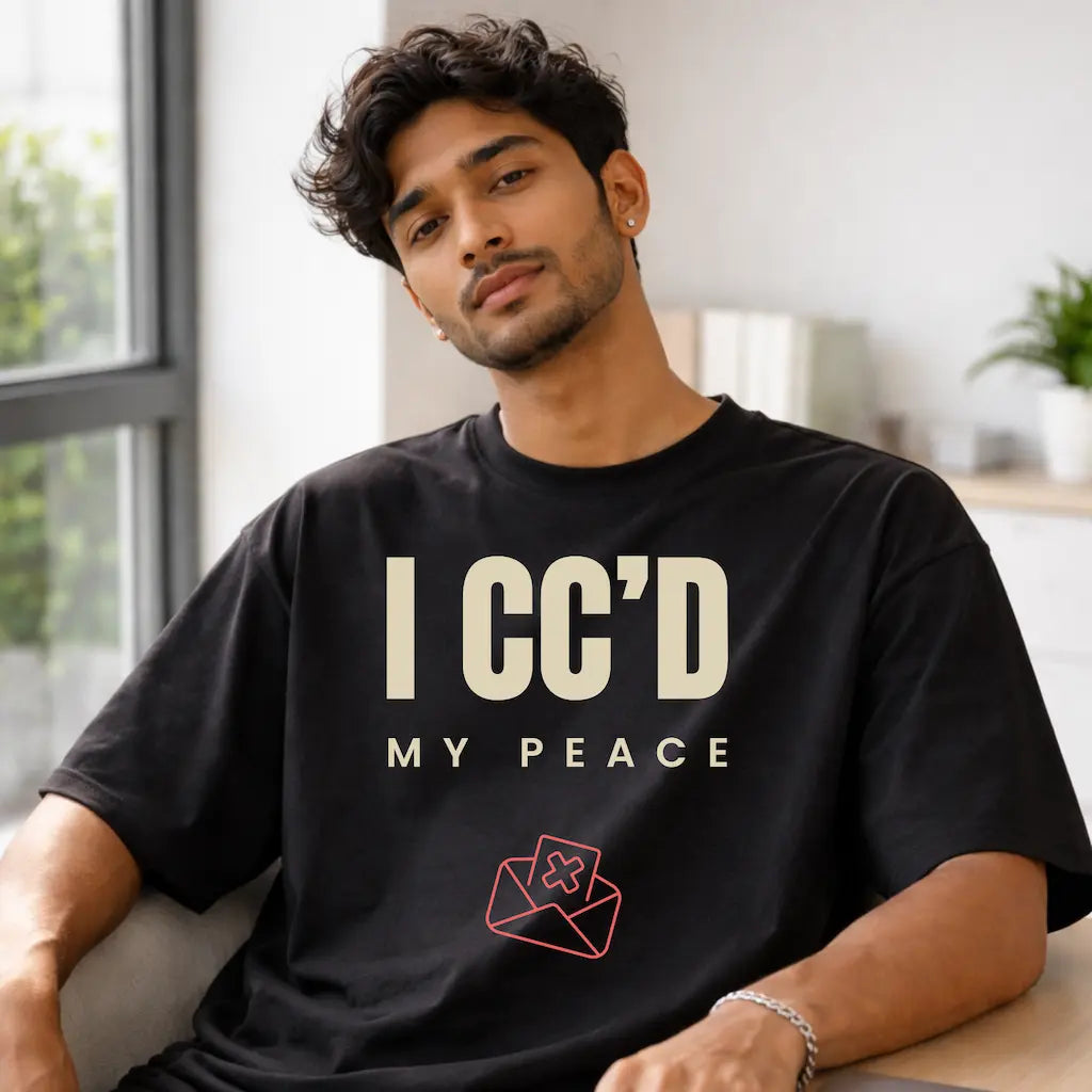 AttireBae I CCd My Peace black oversized attitude tee male model India