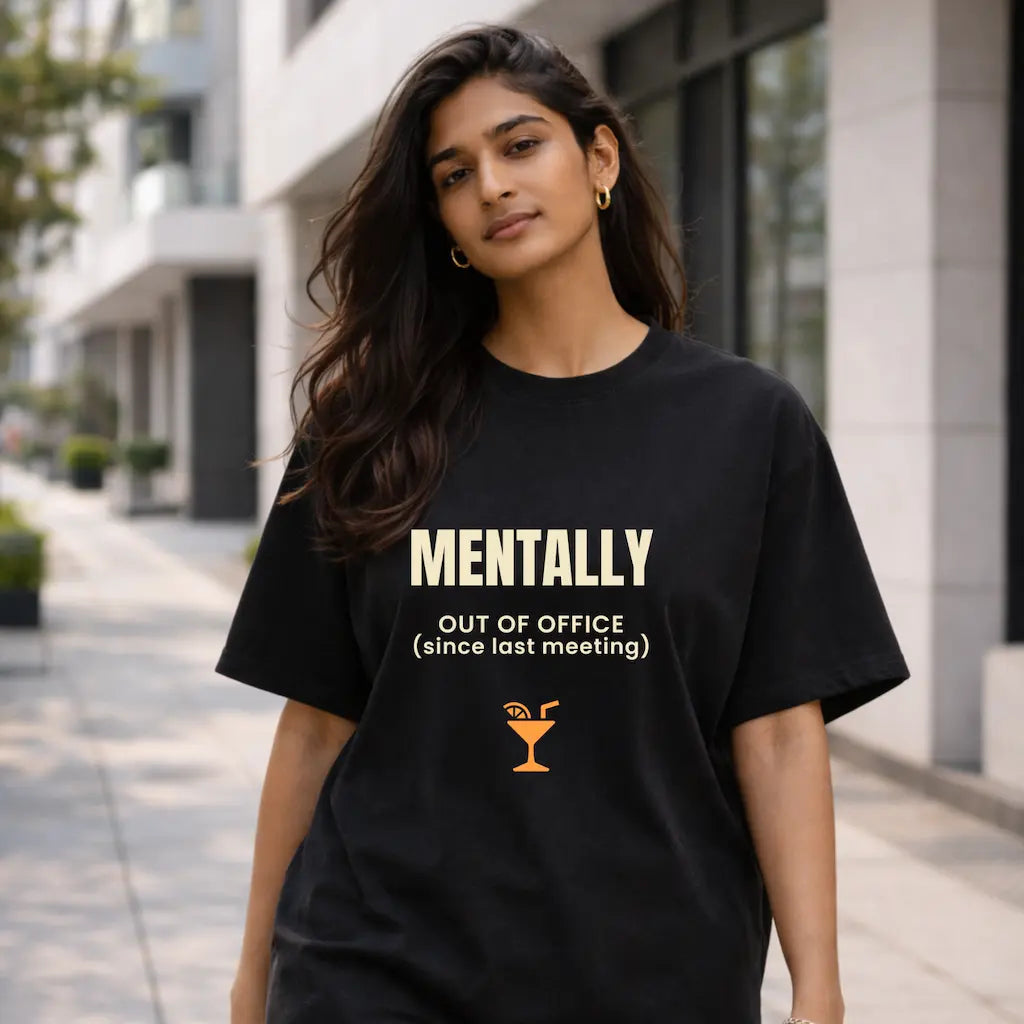 AttireBae Out Of Office tan lines loading black oversized tee female model India
