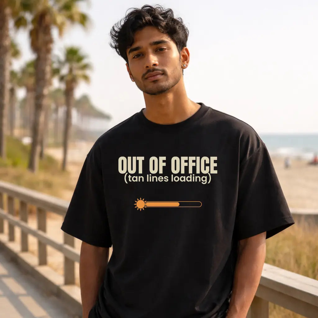 AttireBae Out Of Office tan lines loading black oversized graphic tee male model India