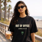 AttireBae Out Of Office Hindi bilingual black oversized graphic tee female model India
